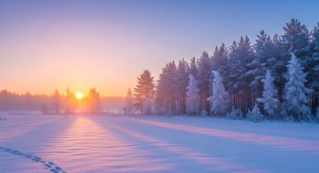 Foggy winter landscape with trees covered with hoarfrost at sunriseの写真素材