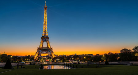 The Eiffel Tower at sunset in Paris, France. The Eiffel Tower is one of the most famous landmarks of Paris.の写真素材