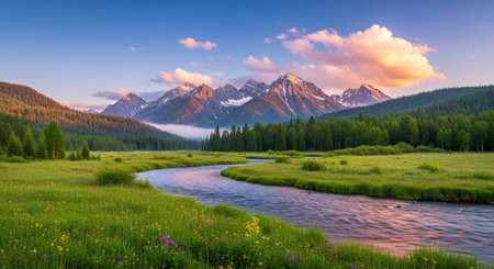Panoramic view of the alpine meadow and mountains at sunsetの写真素材