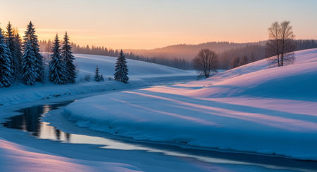 Beautiful winter landscape with snow covered trees and river at sunset.の写真素材