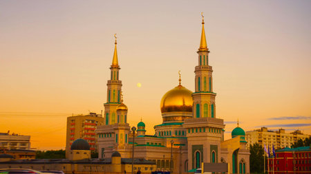 Beautiful mosque at sunset. Beautiful mosque at sunset in the city.の写真素材