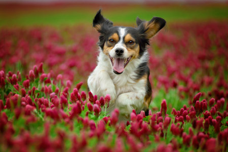Amazing cute tricolor dog running in the blossom red clover.の写真素材