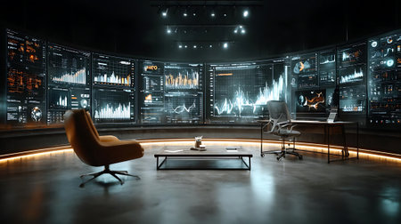 3D rendering of modern office interior with financial charts on the wallの素材