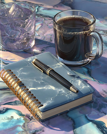 Cup of coffee, notebook and pen on abstract marble background.の素材