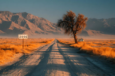 a long desert road stretches towards distant mountains, marked by a sign reading 2006. a solitary tree stands near a small shack, adding a touch of life to the arid landscape.の素材