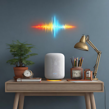 Digital illustration of a desk with a computer, stationery and a lampの素材