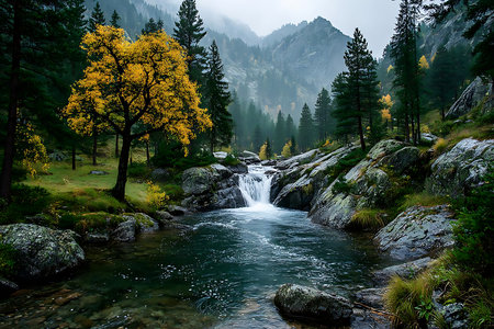 A stunning landscape featuring a clear river flowing through a lush forest, with a waterfall cascading over rocks. Mountains rise in the background, shrouded in mist, creating a serene scene.の素材