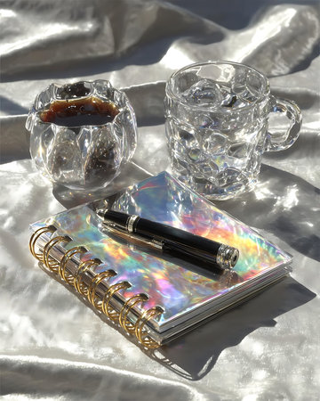 Notebook with pen and two glasses of coffee on a white backgroundの素材