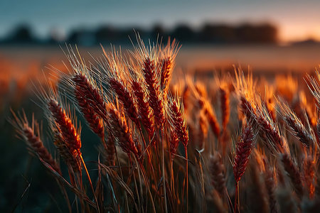 Wheat field at sunset. Golden ears of wheat close-upの素材
