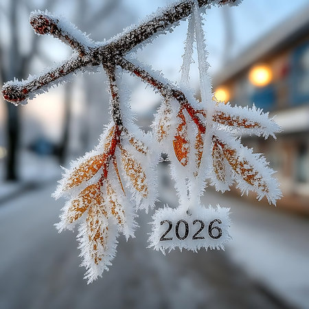 Frosty tree branch in winter with the inscription 2020 in the backgroundの素材
