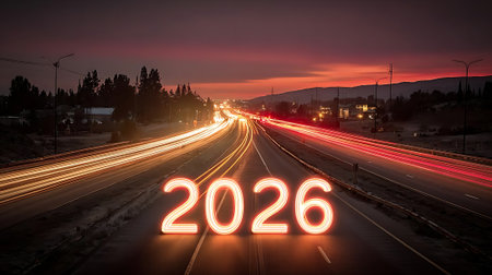 A highway at night with light trails under a dark red sunset sky. The glowing year 2026 is prominently displayed, symbolizing the future and the journey ahead. The scene is urban and dynamic.の素材
