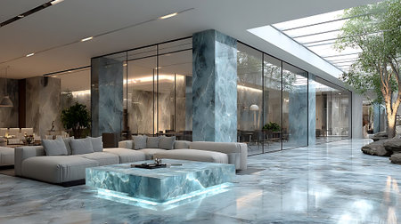 3D rendering of a luxury hotel lobby with a marble floor.の素材