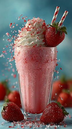 Strawberry milkshake with whipped cream and fresh strawberries on blue backgroundの素材