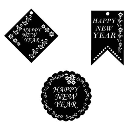 happy new year black gift tags, labels, stickers,Template for banner, invitation, postcard, card, wrapping, packaging. Vector illustration.のイラスト素材