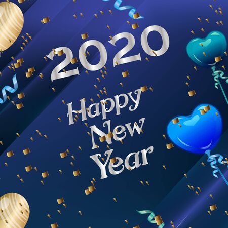 Happy New Year silver 2020 on dark background. Celebration decor Vector poster template isolated realistic design elementsのイラスト素材