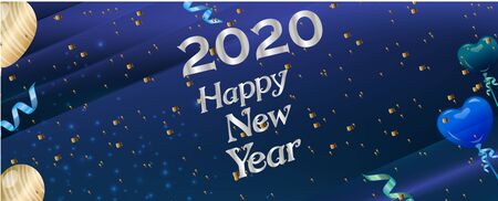 Happy New Year silver 2020 on dark background. Celebration decor Vector poster template isolated realistic design elementsのイラスト素材