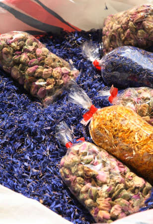 Dry medicinal plants, ingredients for phytotherapy, cornflower, calendula, rose buds.の写真素材