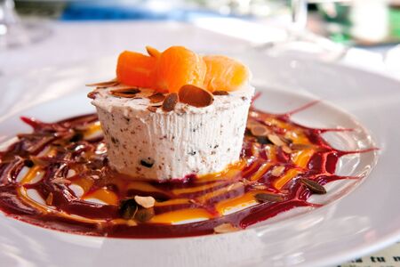 Elegant nougat dessert with tangerine, almonds and red fruit sauce の写真素材