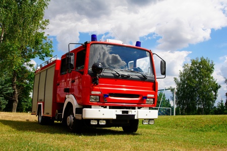 Fire truck on a football fieldの写真素材