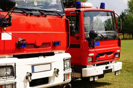 Fire trucks on a football field