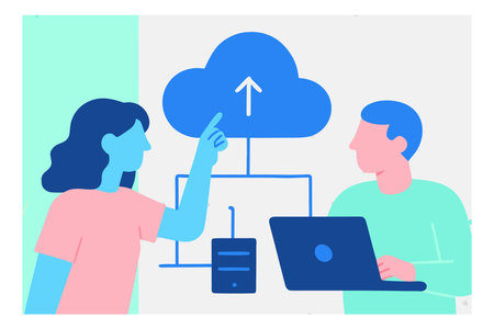 Cloud computing concept. Man and woman working on laptop. Vector illustration in flat styleのイラスト素材
