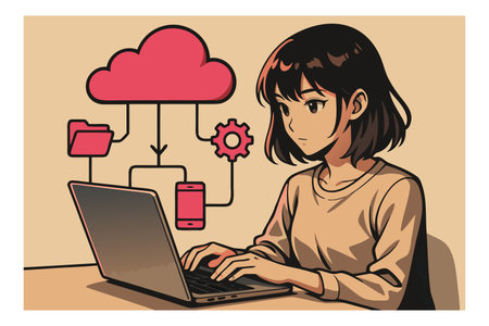 Illustration of a girl using a laptop with a cloud computing conceptのイラスト素材