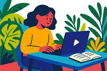 Vector illustration of a woman working on a laptop in the garden.のイラスト素材