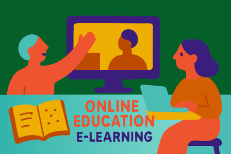 Conceptual hand writing showing Online Education Learning. Business photo showcasing Elearning through internet over the internet Man and Woman Talking on Computer Screen with Open Bookのイラスト素材