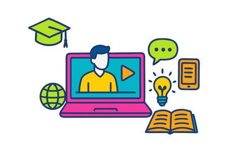 online education, laptop computer with video player and icons vector illustration designのイラスト素材