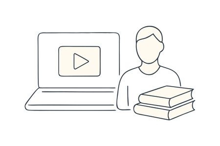 Online education concept. Student with laptop, books and video player. Vector illustration.のイラスト素材
