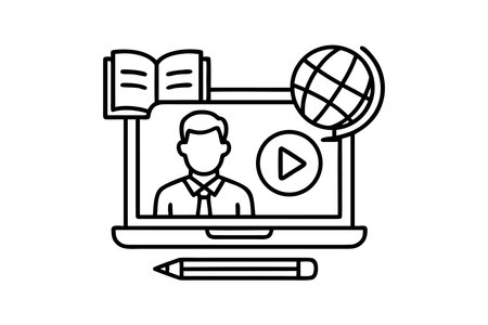 online education, laptop with video player and pencil vector illustration line style iconのイラスト素材