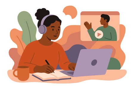Freelance and remote work. Young african american woman in headphones working on laptop at home. Freelance concept. Flat vector illustration.のイラスト素材