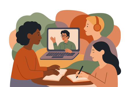 Group of young people talking on video call. Vector illustration in flat styleのイラスト素材