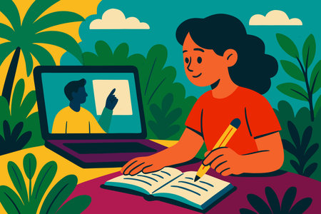 Online education concept. Young woman doing homework on a laptop. Flat vector illustration.のイラスト素材