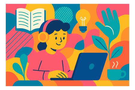 Online learning concept. Young woman with headphones and laptop at home. Flat vector illustration.のイラスト素材
