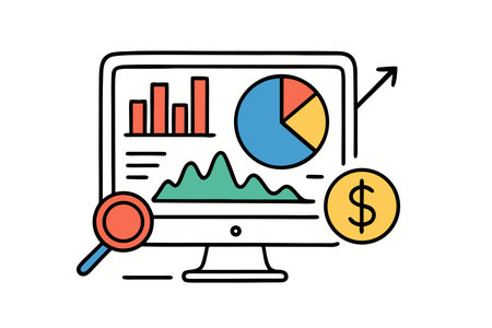 computer with statistics bars and magnifying glass over white background, line style, vector illustrationのイラスト素材