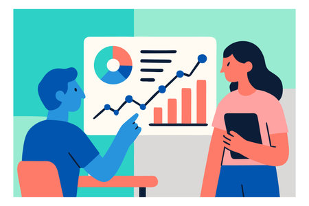 Business people analyzing financial charts and graphs. Man and woman working together at office. Vector illustration in flat styleのイラスト素材