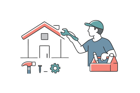Vector illustration of a man working at home. House repair concept.のイラスト素材