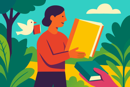 Vector illustration of a girl reading a book in the park. A woman with a book in her hands.のイラスト素材