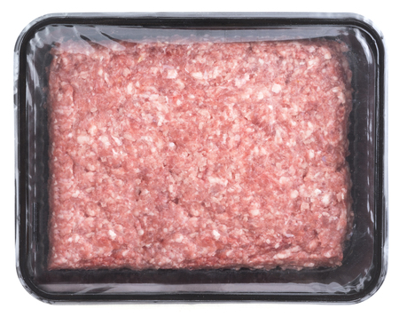 mince meat in black tray. isolated on white background.