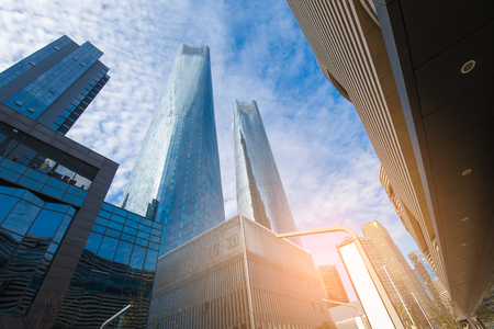 Bottom view of modern skyscraper. Business districtのeditorial素材
