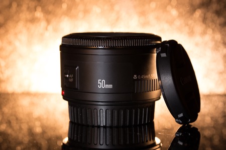 Camera lens on dark background の写真素材