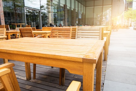 Wooden table in the outdoor coffee roomのeditorial素材