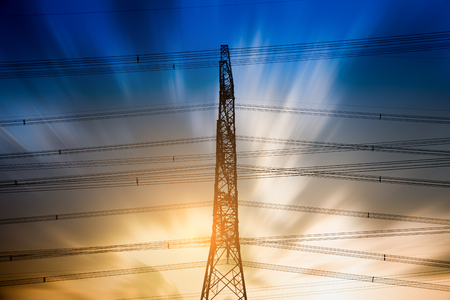 high voltage post.High-voltage tower sky background.の写真素材