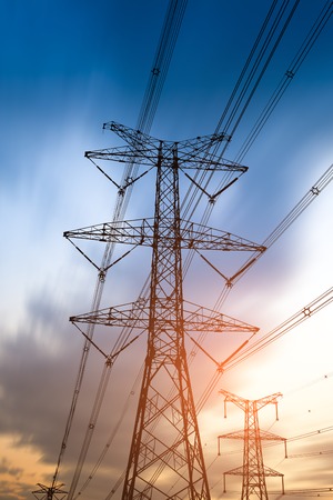 high voltage post.High-voltage tower sky background.の写真素材