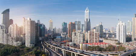 overlooking the vehicle motion blur on shanghai elevated road junction and interchange overpassの写真素材