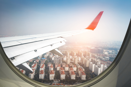 Airplane wing out of windowのeditorial素材