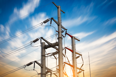 high voltage post.High-voltage tower sky background.の写真素材