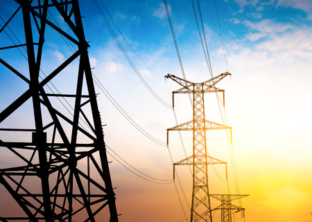 High-voltage tower sky background.の写真素材