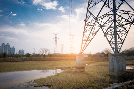 high voltage post.High-voltage tower sky background.の写真素材